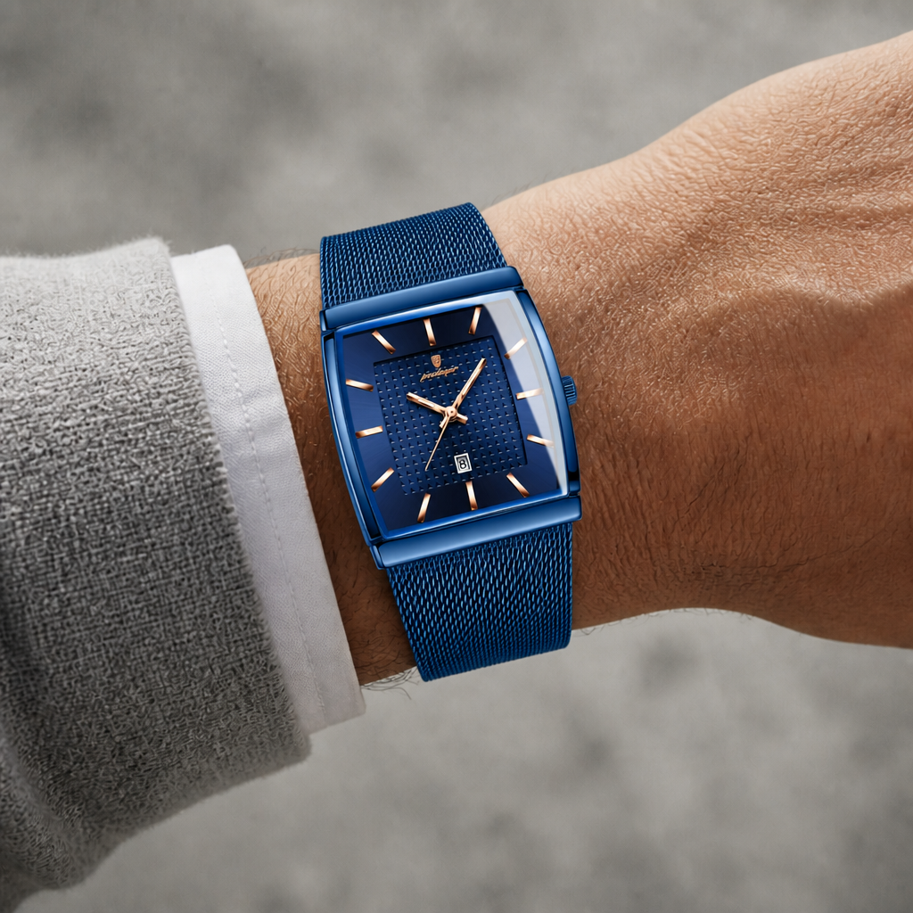 Montre maille milanaise homme rectangulaire Lucien bleue portée au poignet