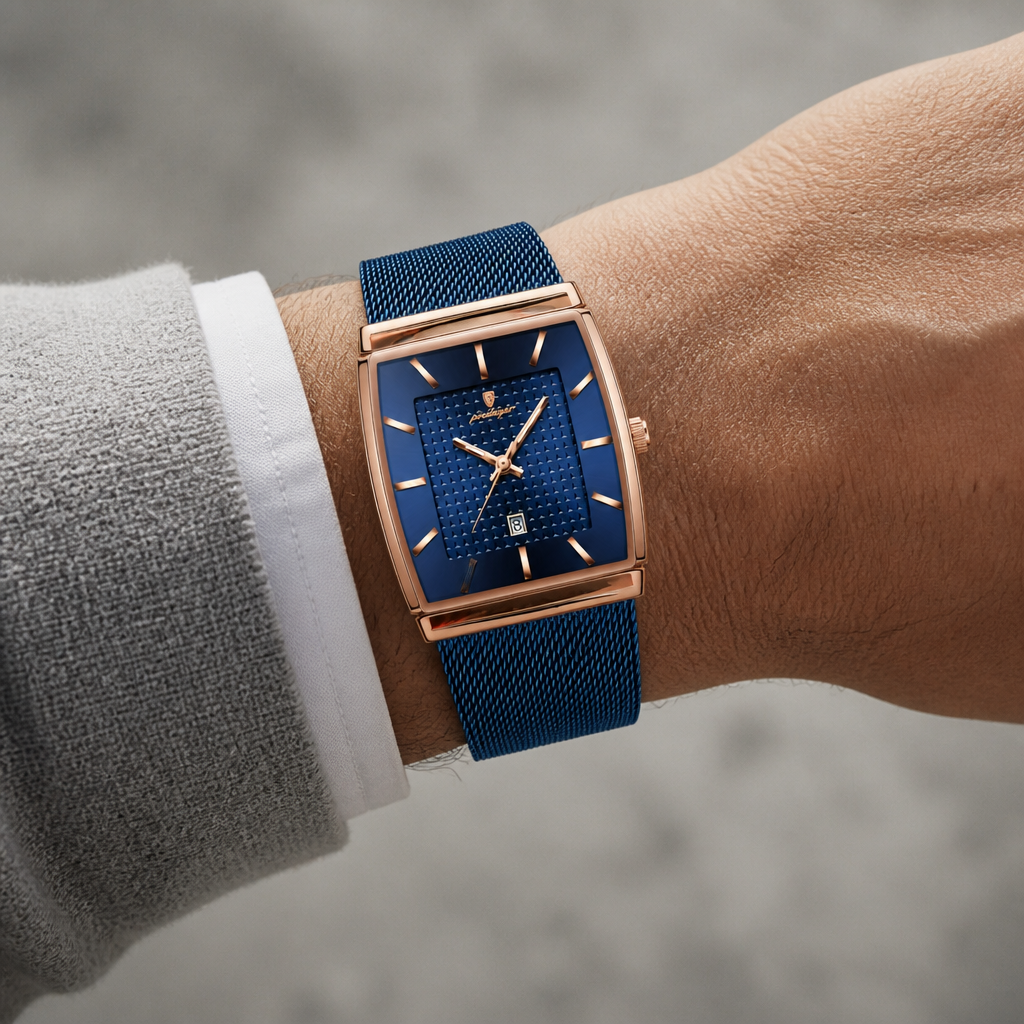 Montre maille milanaise homme rectangulaire Lucien bleu et or rose portée au poignet