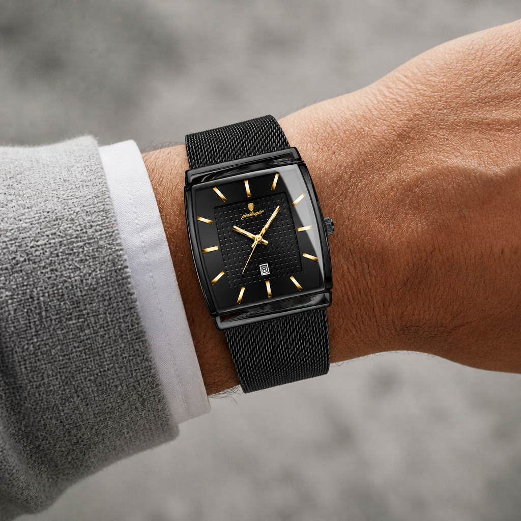 Montre maille milanaise homme rectangulaire Lucien noire portée au poignet