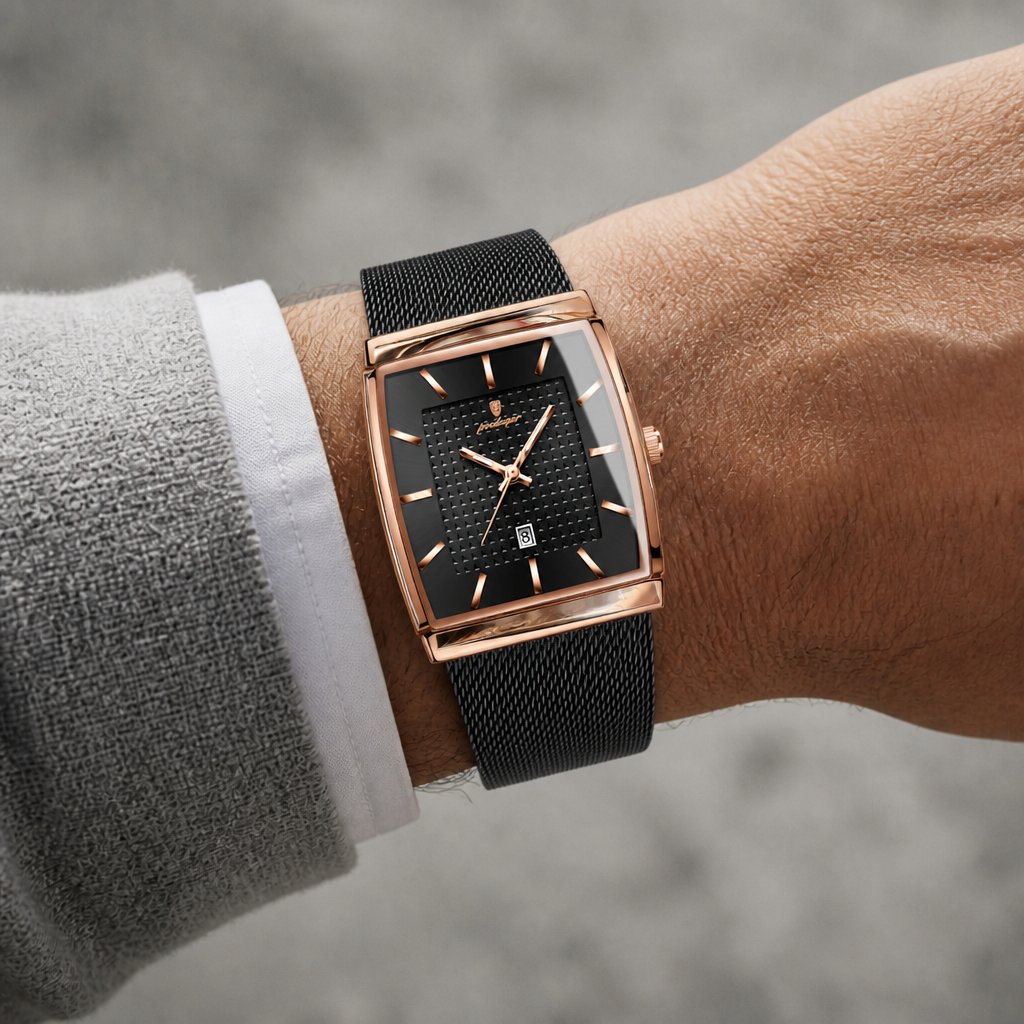 Montre maille milanaise homme rectangulaire Lucien noir et or rose portée au poignet