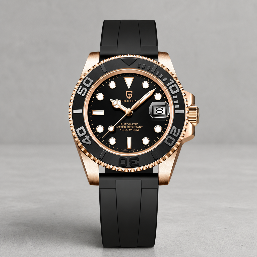 Montre mécanique homme automatique Anselme sur fond béton, boîtier or rose et cadran noir