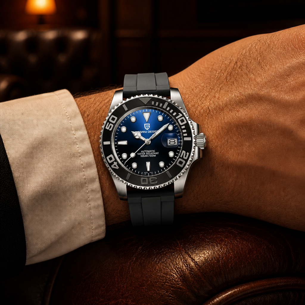 Montre mécanique homme automatique Anselme au poignet dans un salon, lunette noire et cadran bleu