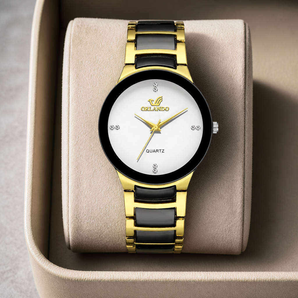 Montre noir et or homme cadran blanc dans son écrin en cuir beige