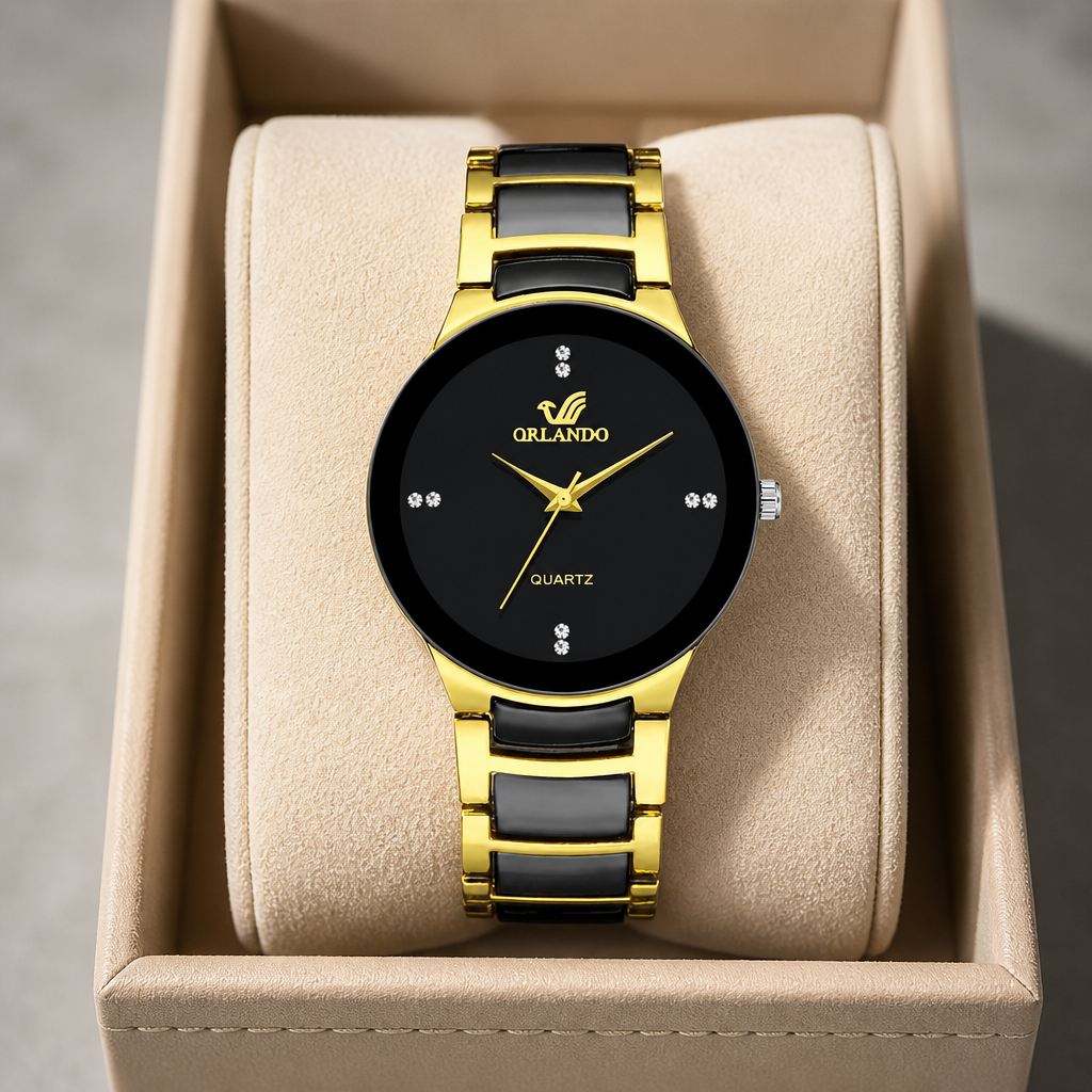 Montre noir et or homme cadran noir dans son écrin en cuir beige