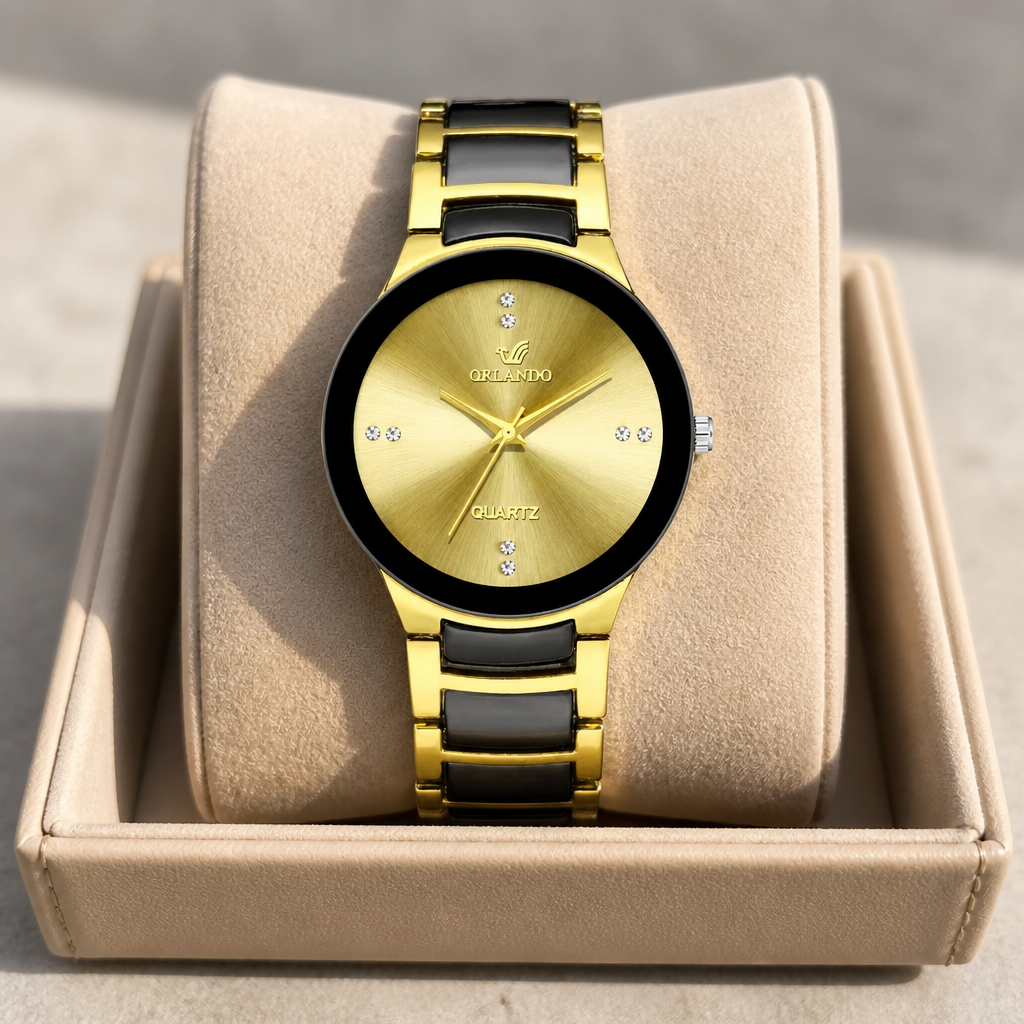 Montre noir et or homme cadran doré dans son écrin en cuir beige