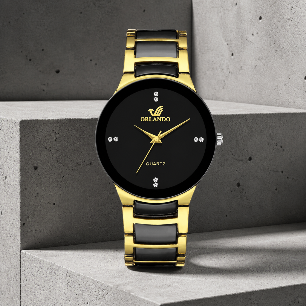 Montre noir et or homme à quartz, cadran noir, sur béton