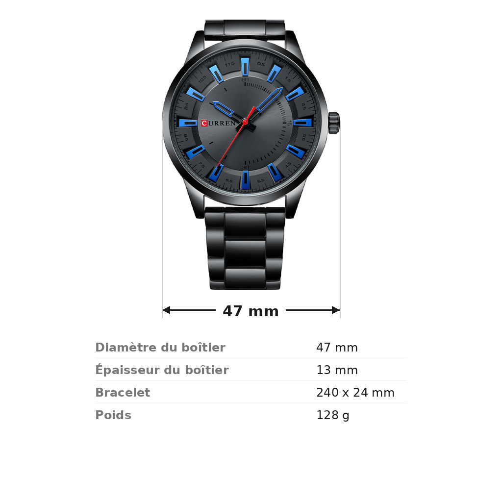 Planche de cotes de la montre noir homme en acier : boîtier 47 mm, épaisseur 13 mm, bracelet 240 x 24 mm, 128 g