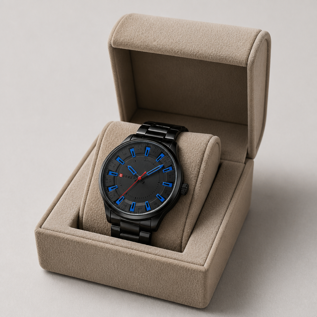 Montre noir homme en acier à index bleus dans son écrin La Boutique Des Hommes