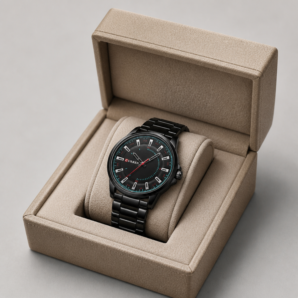 Montre noir homme en acier à chemin de fer turquoise dans son écrin La Boutique Des Hommes