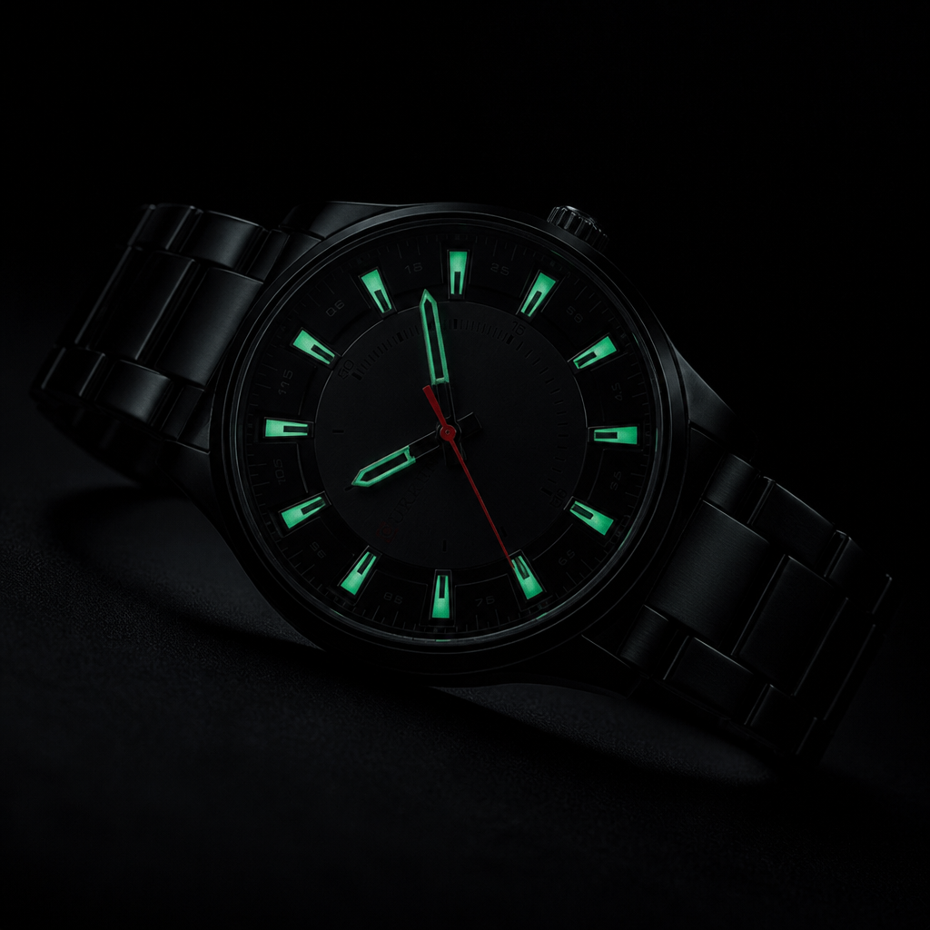 Index et aiguilles de la montre noir homme allumés en vert dans le noir