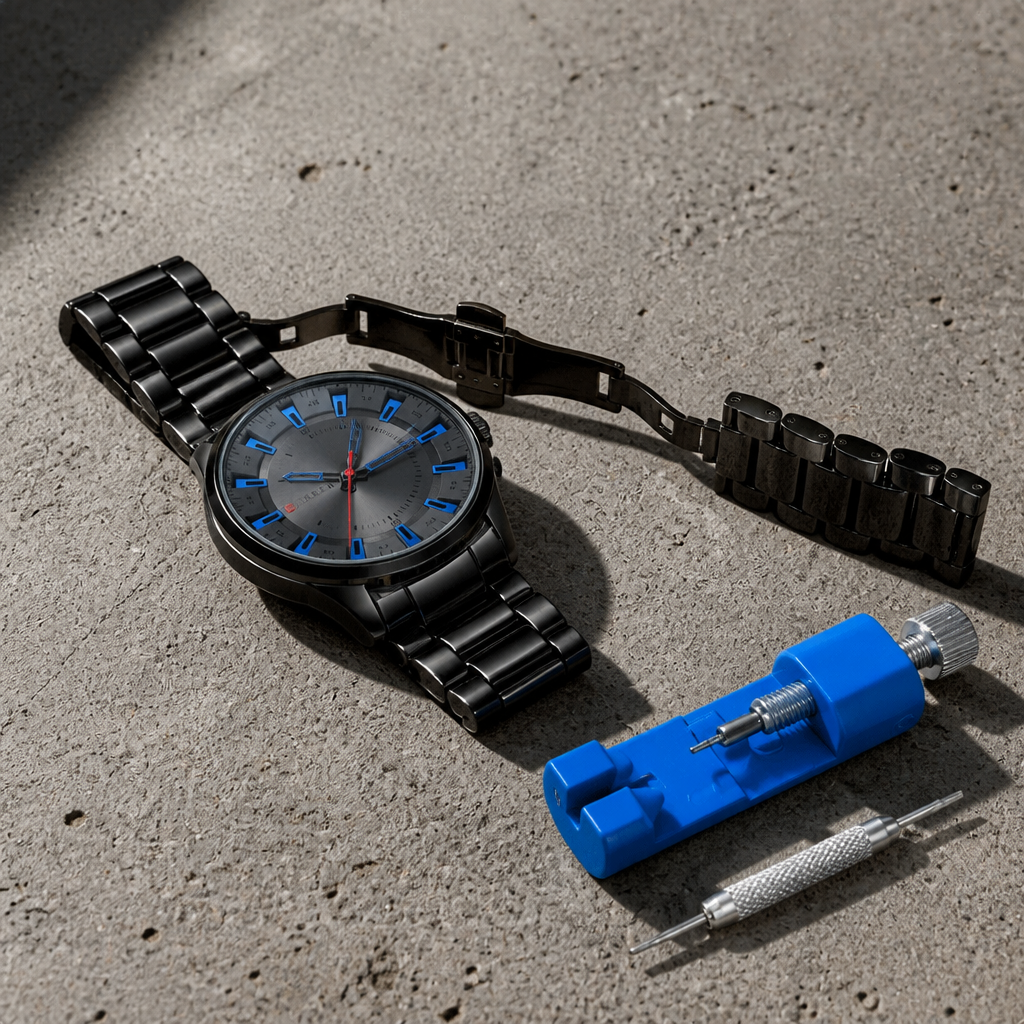 Montre noir homme en acier avec son outil de mise à taille du bracelet