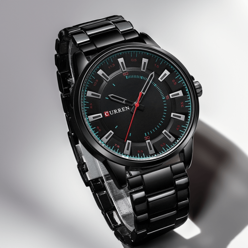 Montre noir homme en acier à index blancs et chemin de fer turquoise