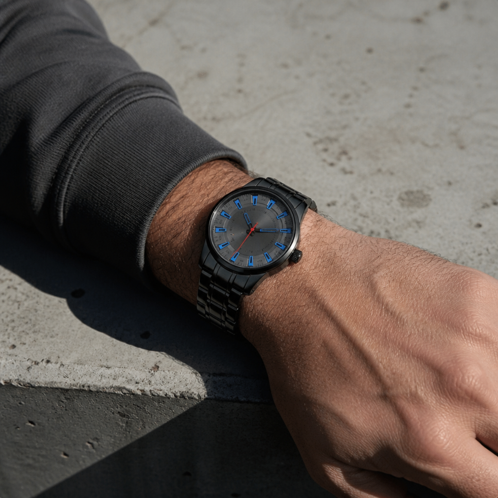 Montre noir homme en acier à index bleus portée au poignet