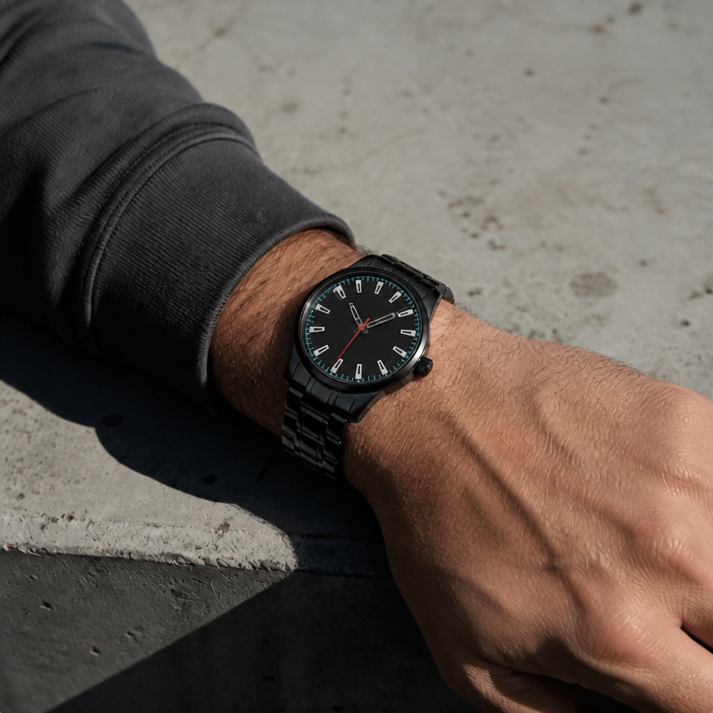 Montre noir homme en acier à index blancs et chemin de fer turquoise portée au poignet
