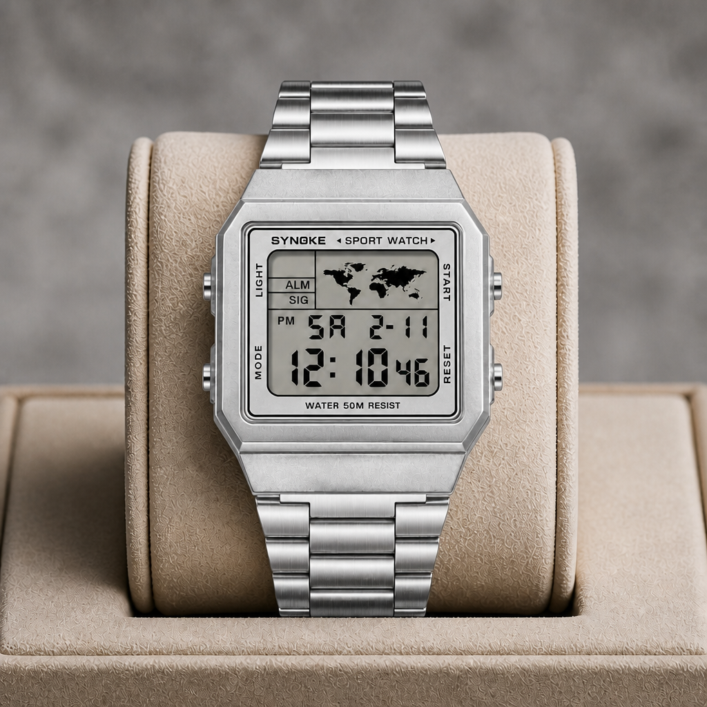 Montre numérique homme argentée présentée dans son écrin en cuir beige