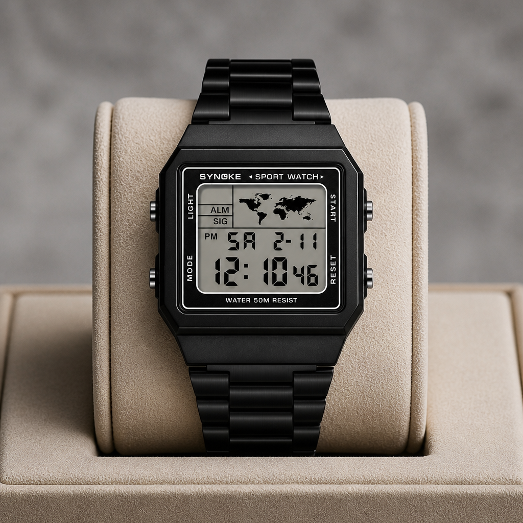 Montre numérique homme noire présentée dans son écrin en cuir beige