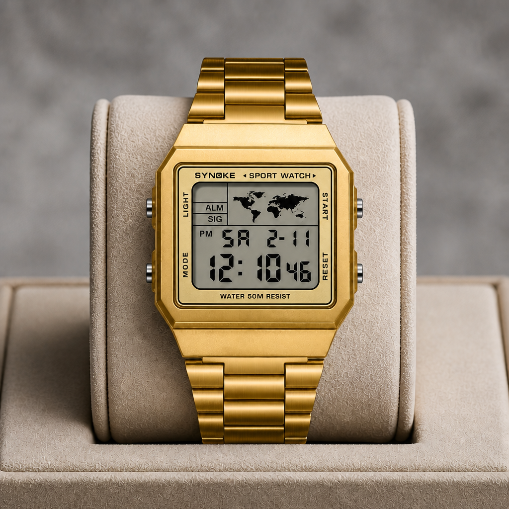 Montre numérique homme dorée présentée dans son écrin en cuir beige