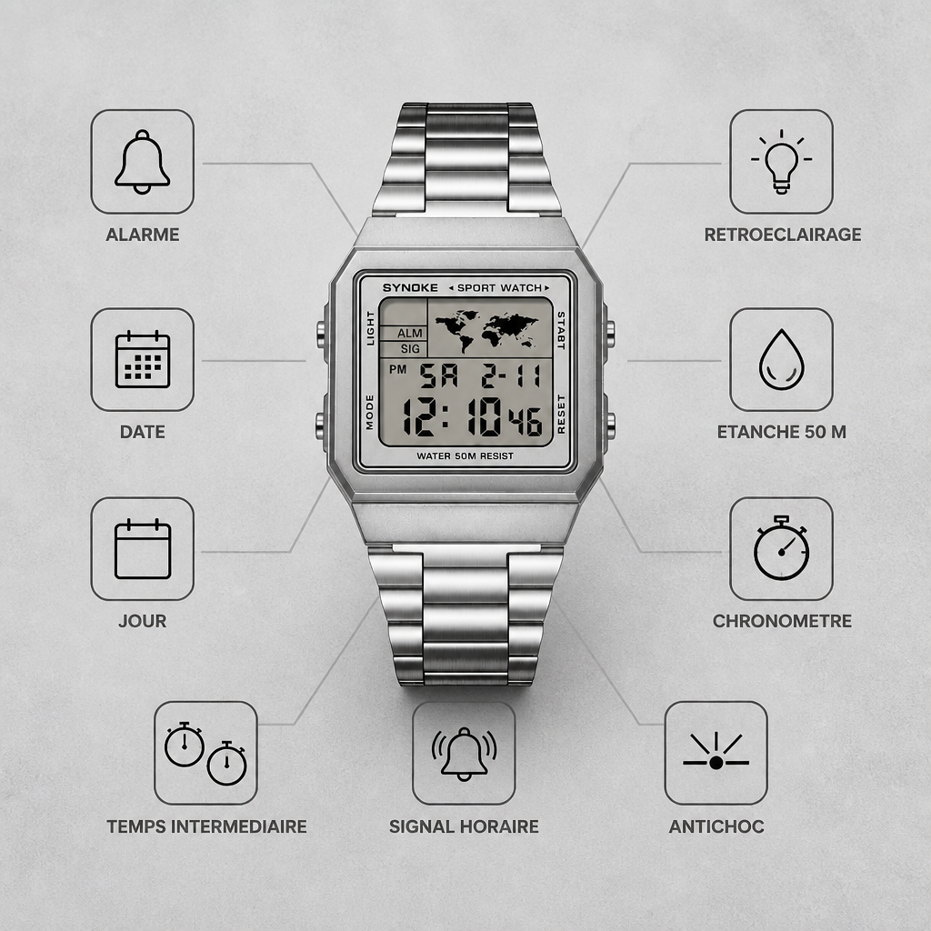 Les neuf fonctions de la montre numérique homme, de l'alarme au chronomètre