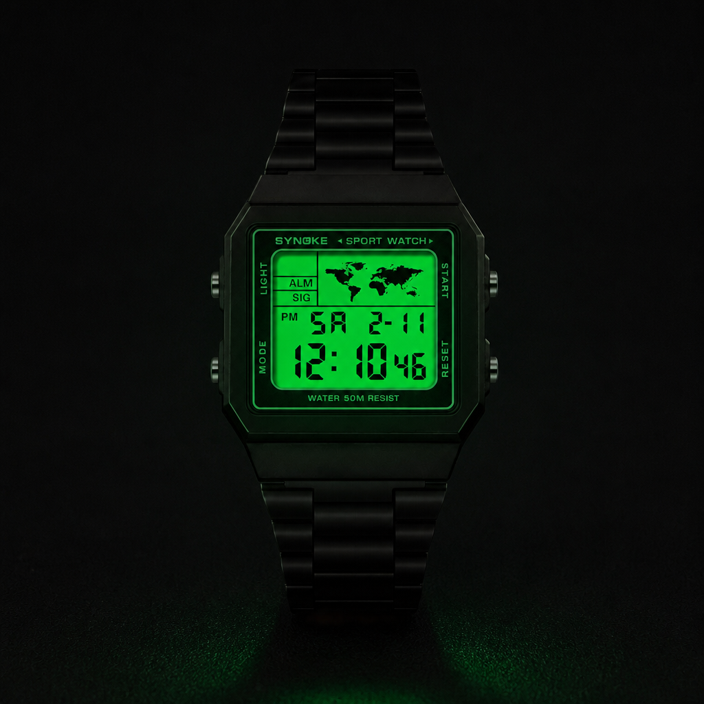 Afficheur de la montre numérique homme rétroéclairé en vert dans le noir