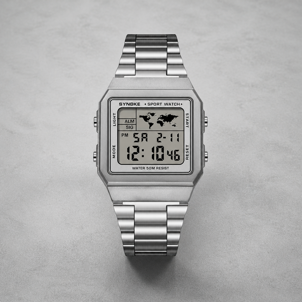 Montre numérique homme argentée, afficheur carré et quatre poussoirs d'angle