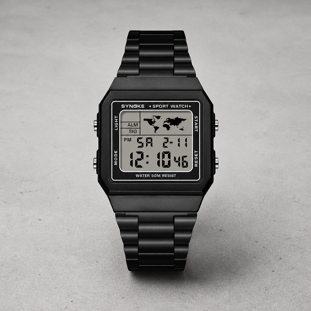 Montre numérique homme noire, afficheur carré et quatre poussoirs d'angle
