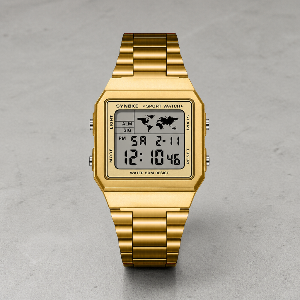 Montre numérique homme dorée, afficheur carré et quatre poussoirs d'angle