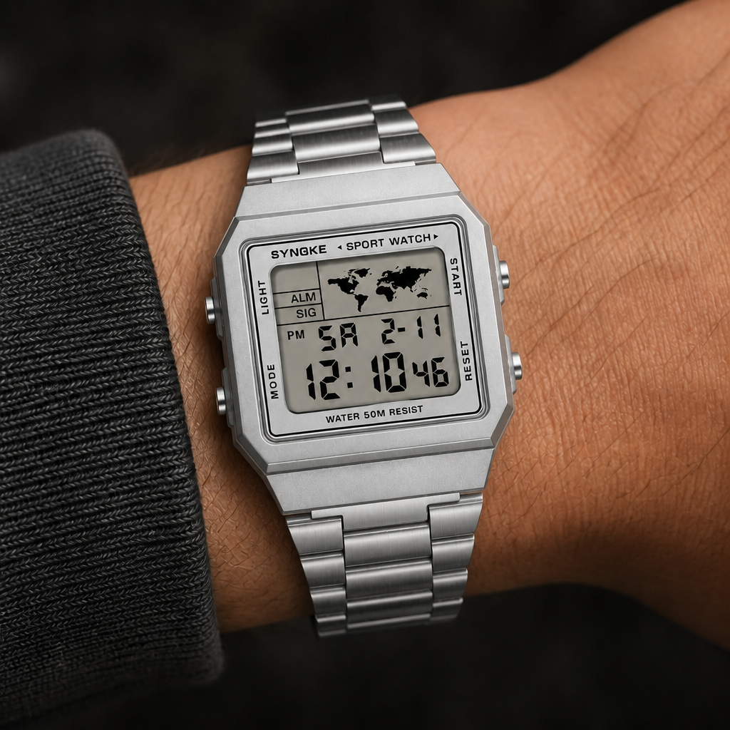 Montre numérique homme argentée au poignet, boîtier carré et bracelet à maillons
