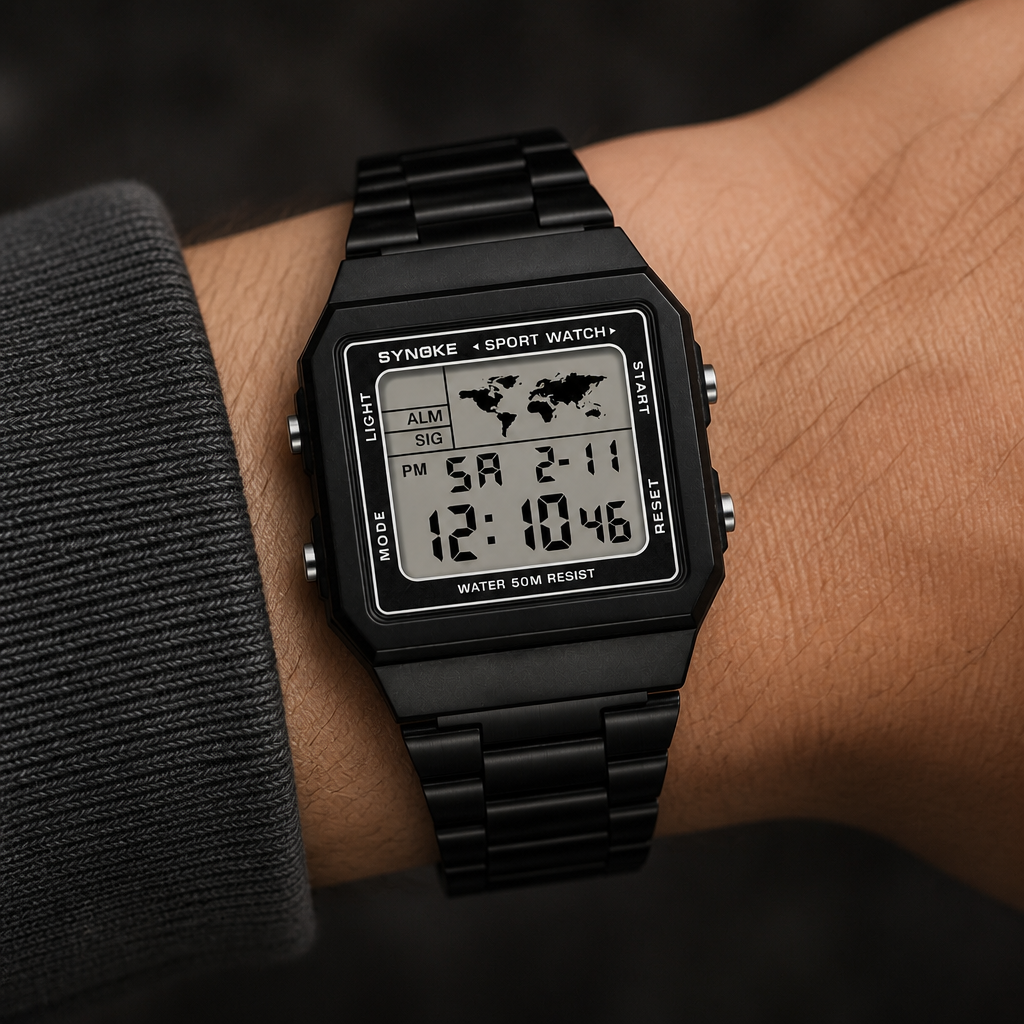 Montre numérique homme noire au poignet, boîtier carré et bracelet à maillons