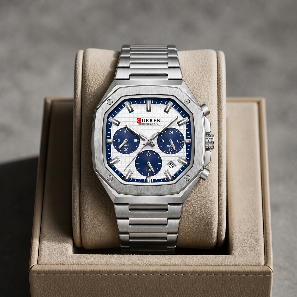 Montre octogonale argent à compteurs bleus dans son écrin en cuir beige