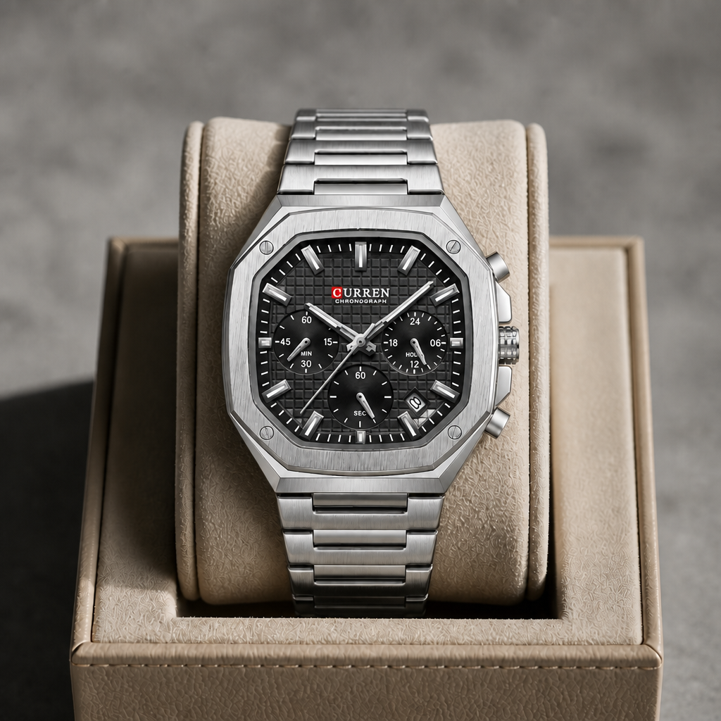 Montre octogonale argent à cadran noir dans son écrin en cuir beige