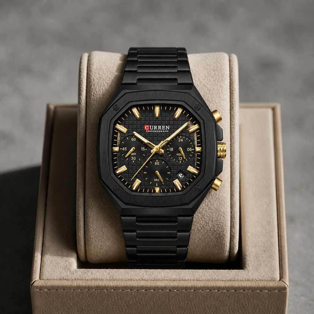 Montre octogonale noire et dorée dans son écrin en cuir beige