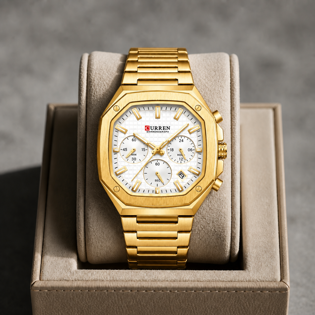 Montre octogonale dorée à cadran blanc dans son écrin en cuir beige