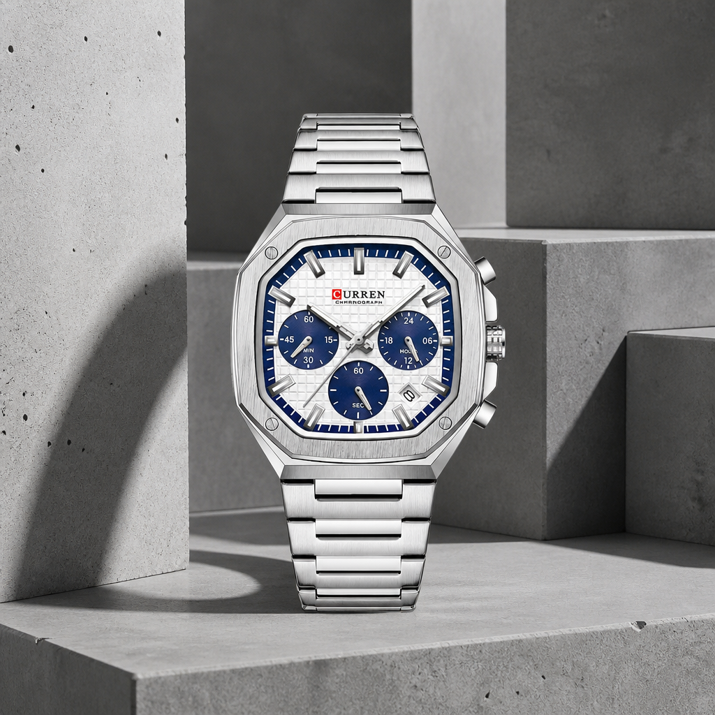 Montre octogonale homme chronographe, boîtier argent et cadran blanc à compteurs bleus
