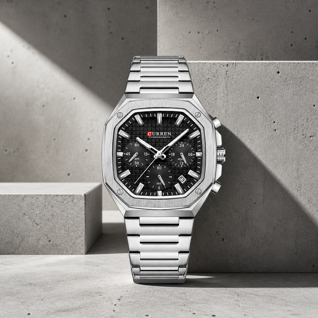 Montre octogonale homme chronographe, boîtier argent et cadran noir