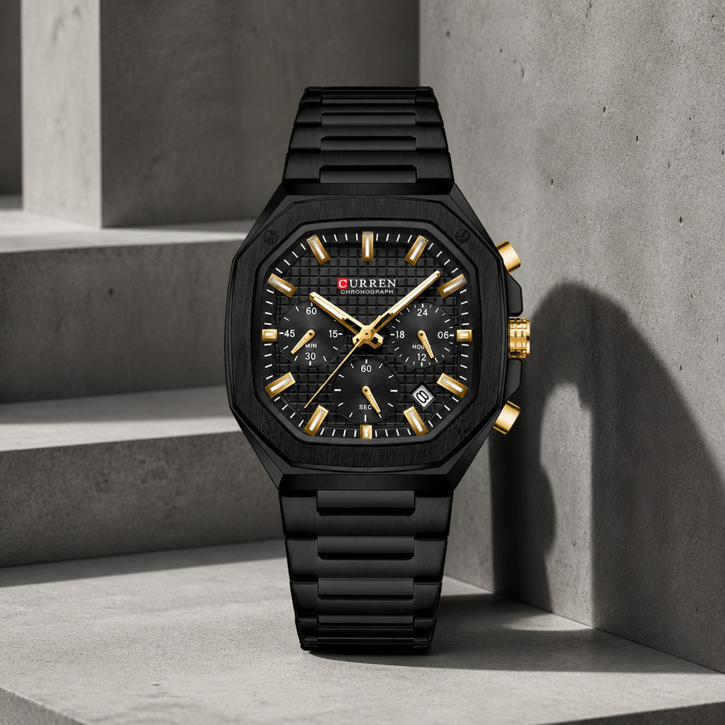 Montre octogonale homme chronographe noire à aiguilles et index dorés