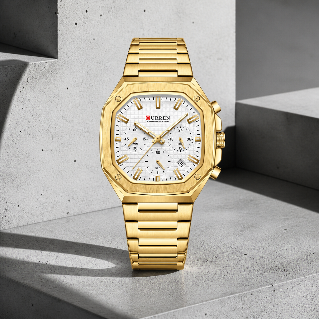 Montre octogonale homme chronographe dorée à cadran blanc
