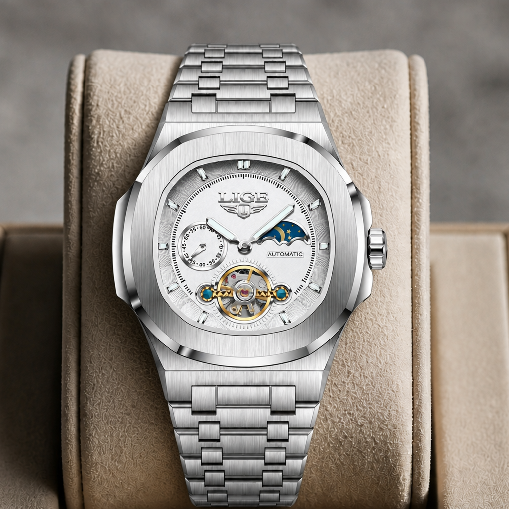 Montre phase de lune homme à cadran blanc posée dans un écrin en cuir beige
