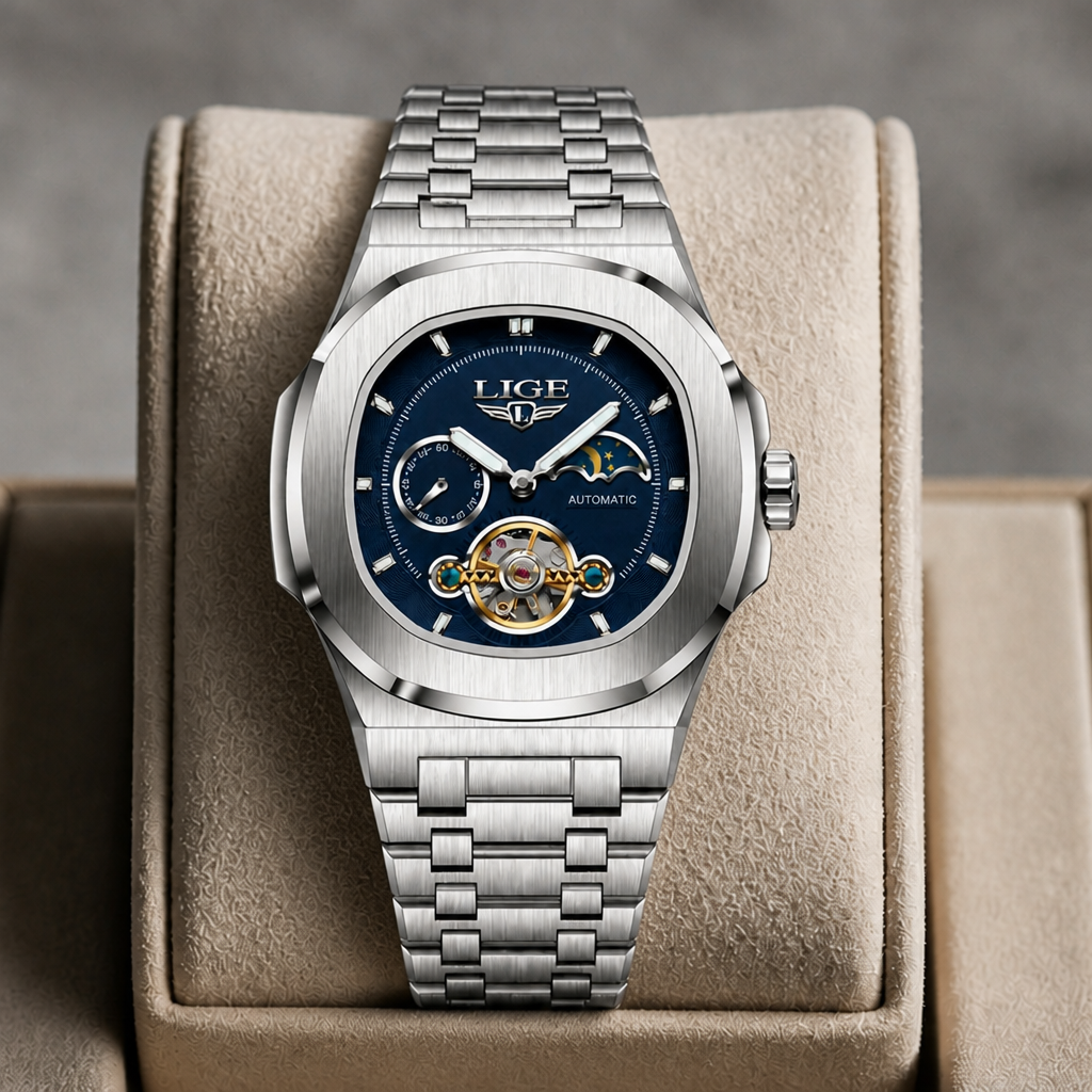 Montre phase de lune homme à cadran marine posée dans un écrin en cuir beige