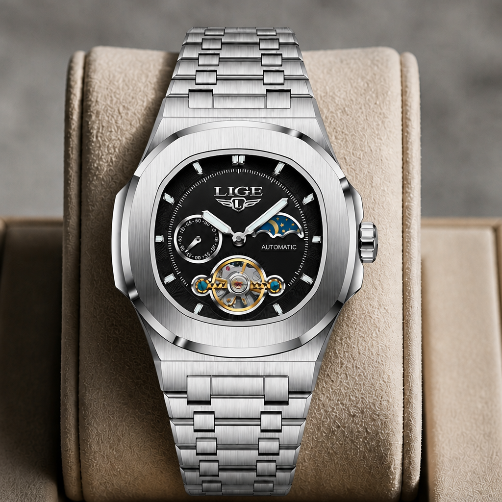 Montre phase de lune homme à cadran noir posée dans un écrin en cuir beige