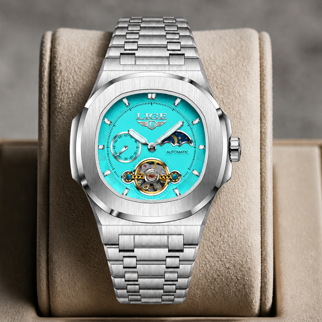 Montre phase de lune homme à cadran turquoise posée dans un écrin en cuir beige