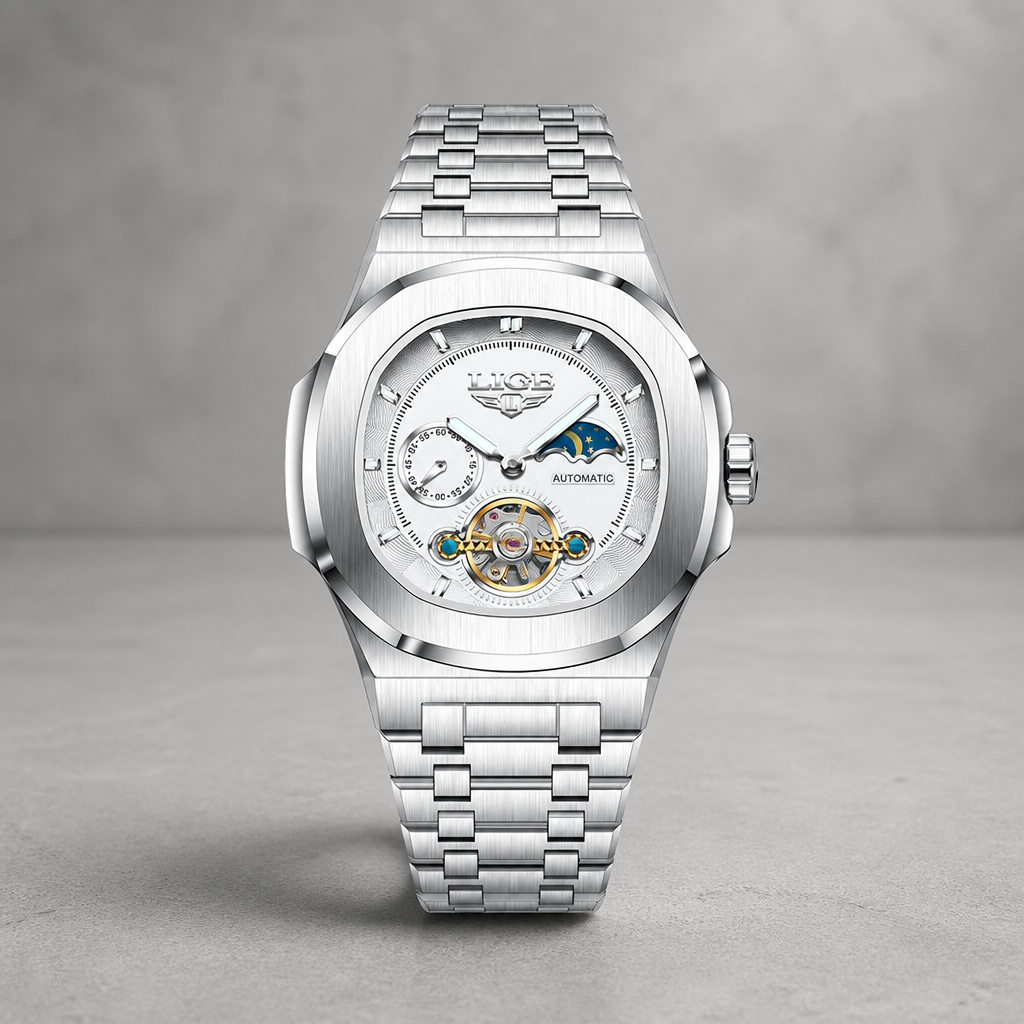 Montre phase de lune homme à cadran blanc sur fond de béton gris clair