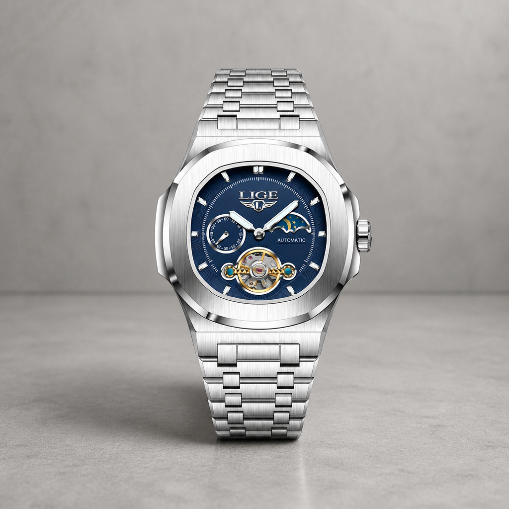 Montre phase de lune homme à cadran marine sur fond de béton gris clair