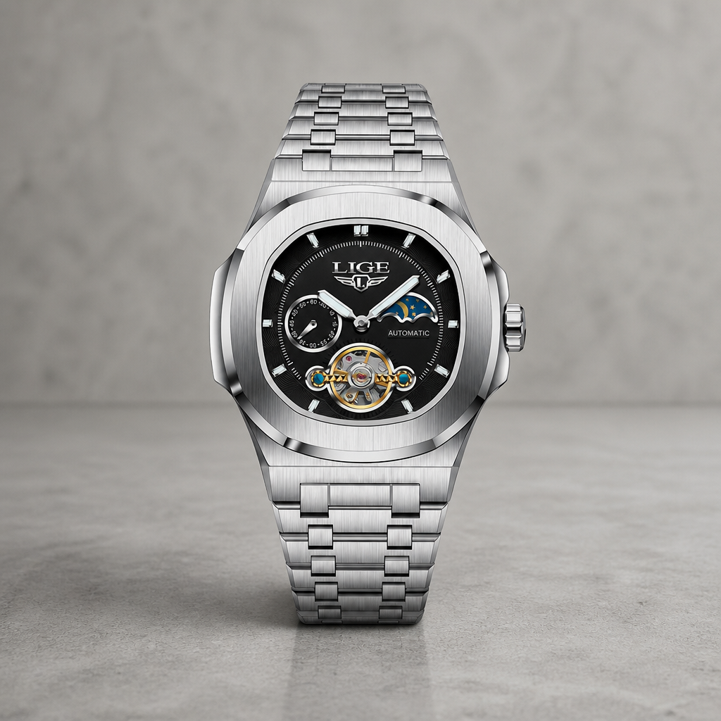 Montre phase de lune homme à cadran noir sur fond de béton gris clair