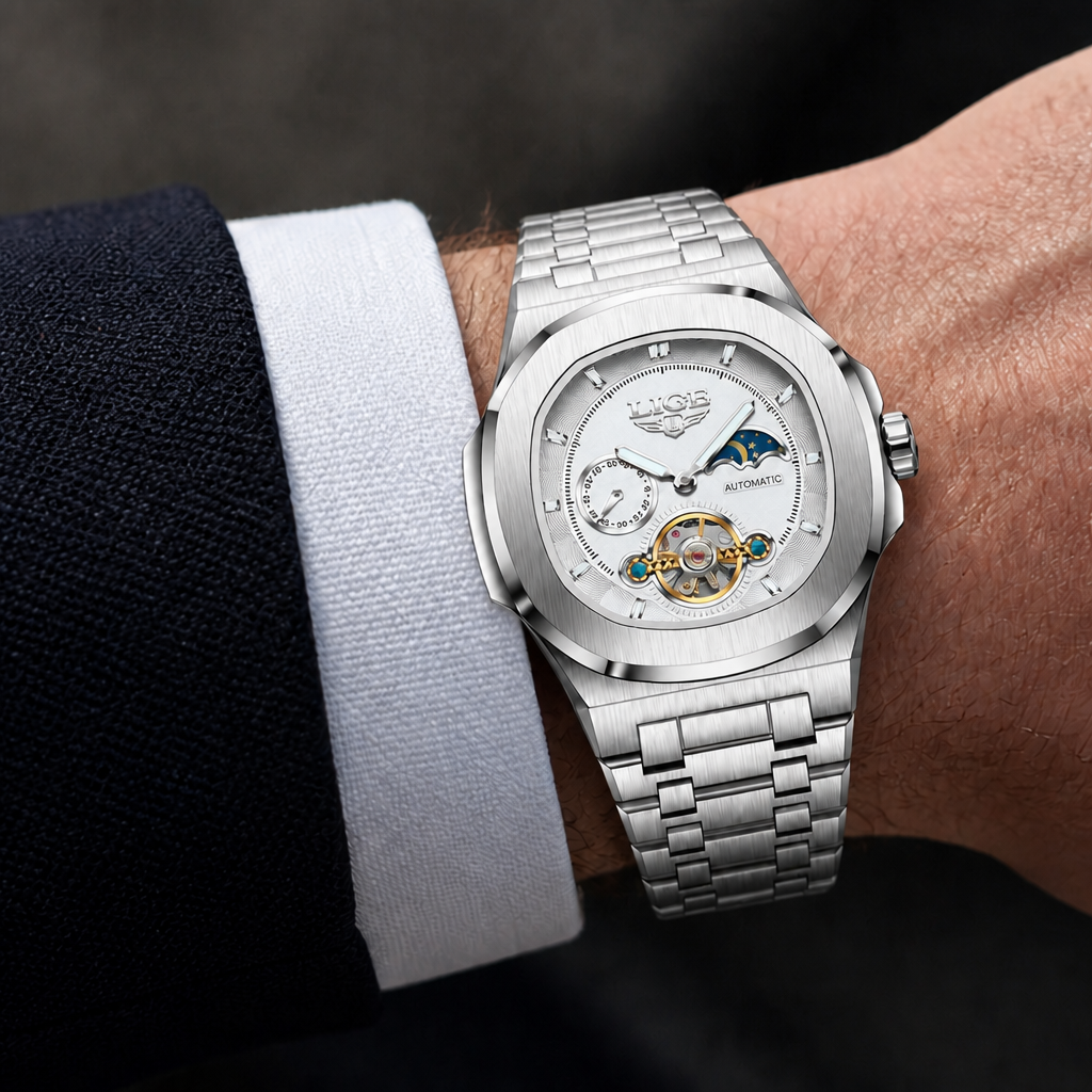 Montre phase de lune homme à cadran blanc portée au poignet