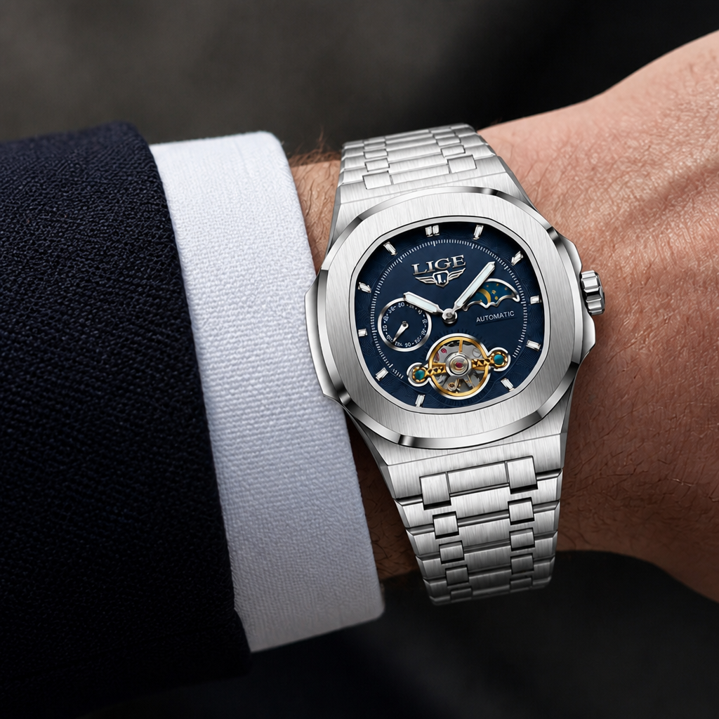 Montre phase de lune homme à cadran marine portée au poignet sous une manchette blanche