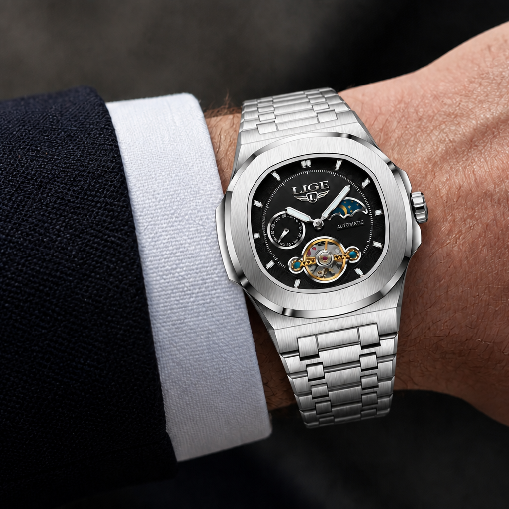 Montre phase de lune homme à cadran noir portée au poignet
