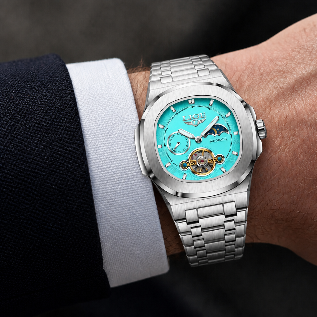 Montre phase de lune homme à cadran turquoise portée au poignet