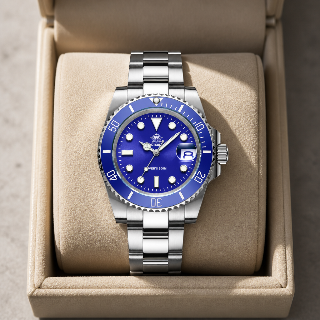 Montre de plongée homme bleue dans son écrin en cuir beige