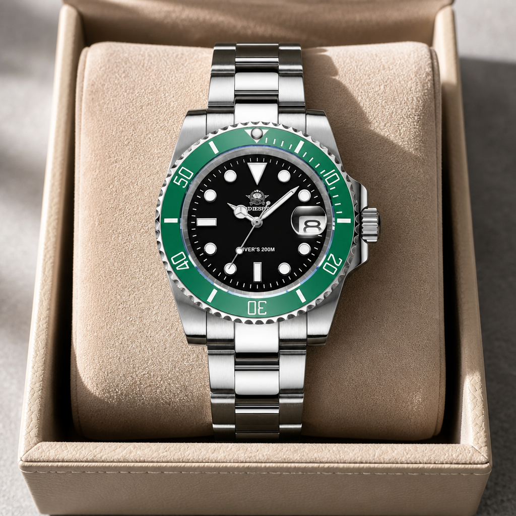Montre de plongée homme lunette verte cadran noir dans son écrin en cuir beige