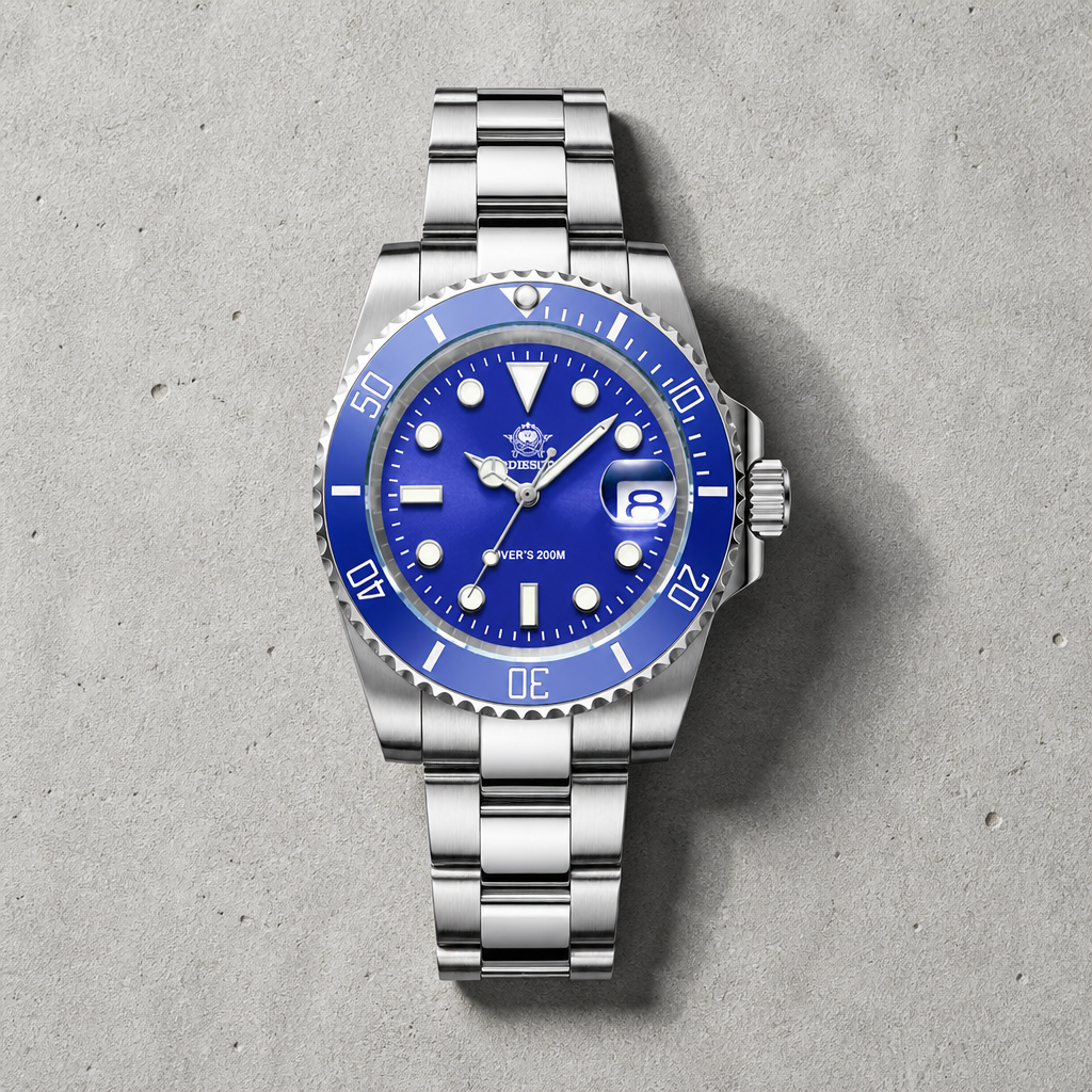 Montre de plongée homme 200 m, lunette céramique bleue, cadran bleu